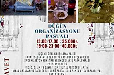 Pasta İkramlı Düğün Organizasyonları Gündüz 35.000 TL, Akşam 40.000 TL